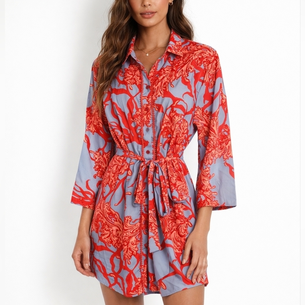Modaposa Nwot Coral Print Shirt Dress Statement Red & Blue Belted Mini Beaded L